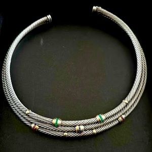 Rare David Yurman triple Ruby, Emerald, Sapphire cable multi-row necklace $4000
